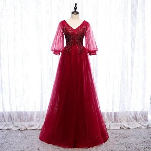 Bespoke Occasion Dresses Illusion V-Neck Full A-Line Embroidery Beading Sequined Luxury Red Tulle Lady Formal Evening Gown HB148