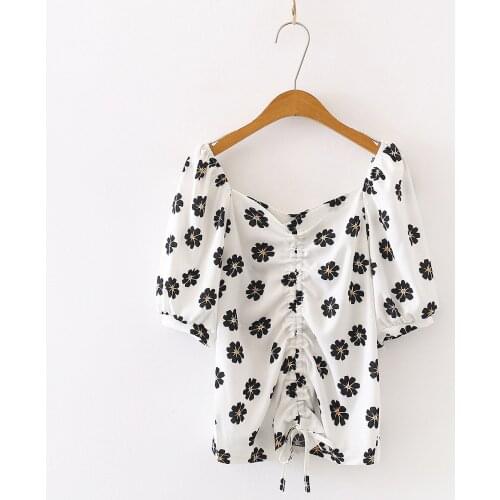 2020 Summer New Women Fashion Short Sleeve Floral Print Loose Blouse Shirts Casual Lace up Tops Blouses