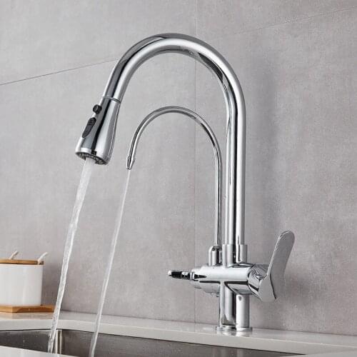 American Kitchen Faucet with Pure Water Faucet, Copper Hot and Cold Water Pull Sink Faucet, Sink Faucet