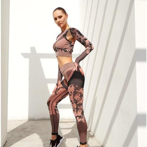 Seamless Yoga Sets Women Gym Clothes Camo Long Sleeve Exercise Clothing Women High Waist Leggings Leopard Workout Clothing