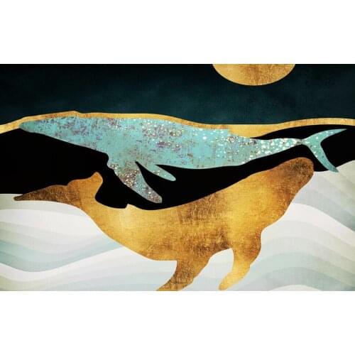 Shining Metal Golden Black Abstract Canvas Ocean Two Whales Room Poster Wall Art Picture Bedroom Home Decor Exhibition Halls