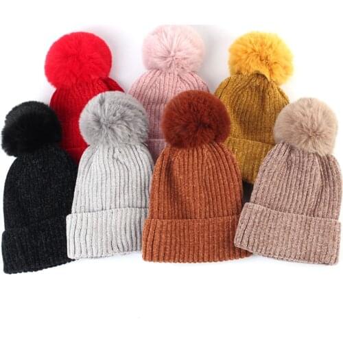 Autumn and Winter Kids Knitted Beanie Hat with Faux Fur Pompom Winter Rabbit Fur Slouchy Beanies for Girls Baby Boy Accessories