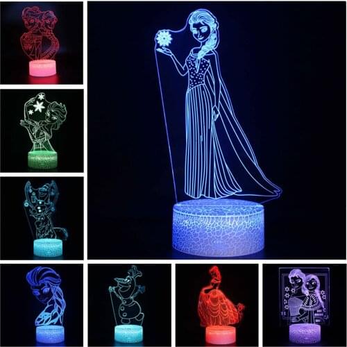 Disney Frozen Princess Elsa Anna Action Figure 3D Illusion LED Nightlight Sleeping Light Model Acrylic Toy For Kid Xmas Gift