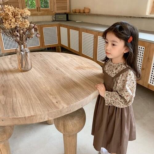 Autumn New Girls Clothing Sets Elegant Floral Palace Top With Suspender Dresses 2 Pieces Sets Children Cotton Outfits