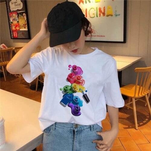 Cosmetic coating 3D Printed Nail Polish t-shirt Rainbow colorful Ulzzang Korean Style Tops women Harajuku aesthetics T-shirt
