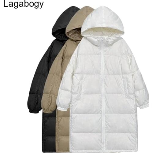 Lagabogy 2021 Womens 90% White Duck Down Coats Winter Long Warm Puffer Jacket Female Plus Size Loose Hooded Parkas Snow Outwear