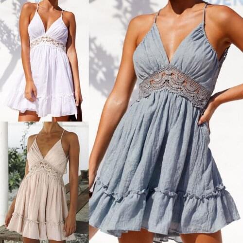 Summer Sexy Lady Strappy V-neck Women Dress Ruffle Hem Lace Backless Halter Mini Dress Sundress Slimming Dress for Women Fashion