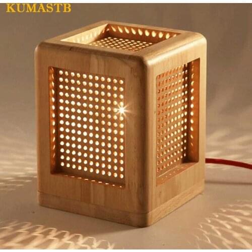 Creative Square Wood Table Lamp Hollow Engraved Wood Study Desk Lamp Restaurant Office Bar Bedroom Bedside Table Light Wood