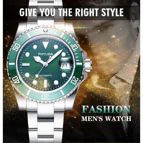 PHYLIDA Luxury mens watch100m Water-resistant 40mm Mens Green Dial Hulk Sub Diver Watch Automatic MIYOTA Sapphire Crystal Lume