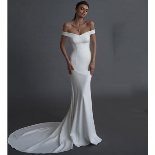 Charming Sheath Off the Shoulder Wedding Dress 2021 Sexy Sweetheart Lace-Up Back Jersey Court Train Bridal Gowns