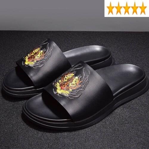 Slippers 2021 Summer New Men Fashion Embroidery Genuine Beach Shoes Black Outdoor Leather Sandals High Quality