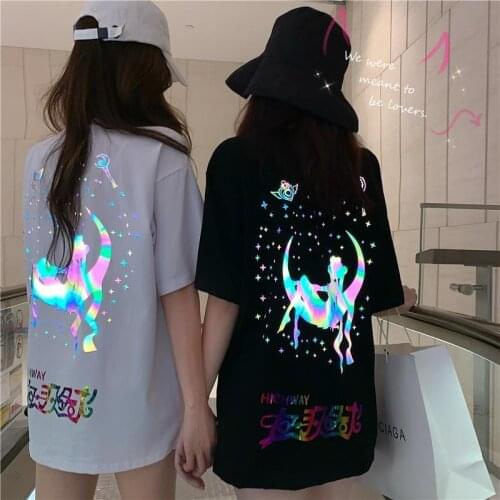 Reflective Sailor Moon T Shirt Streetwear Fashion Kawaii TShirt Funny Harajuku Japan Women Amine Black Punk Oversized T Shirts