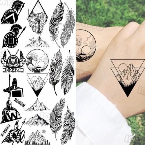Creative Wave Mountain Small Temporary Tattoos For Women Men Realistic Spartan Arrow Feather Fake Tattoo Sticker Arm Leg Tatoos