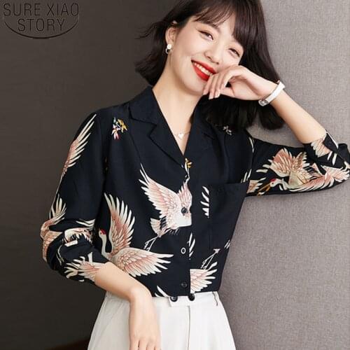 2021 New Vintage Print Blouse Women Casual Shirt Tops Elegant Long Sleeve Ladies Cotton Clothes Autumn Chemisier Femme 16207