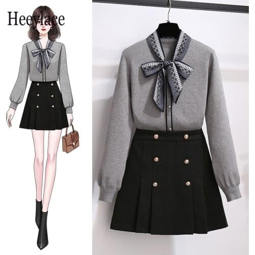 Office Ladies Elegant Two Pieces Set Korean Bow Collar Long Sleeve Knitted Sweater Top And Black A-line Midi Skirts Outfits