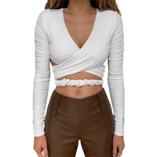 Womens Cross Wrap Crop Tops Ruched Long Sleeve Deep V Neck Cut Out Slim Fit T-Shirts Autumn Streetwear Backless Tops