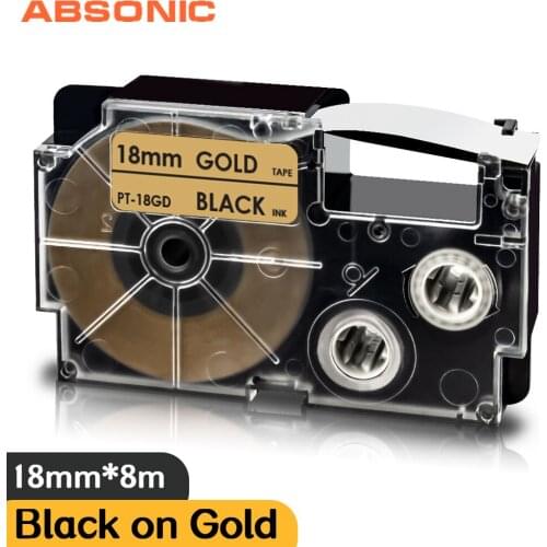 18mm for Casio Compatible Ribbon Printer XR-18GD Black on Gold XR18GD Label Tape for Casio Labeller Typewriter KL-120 KL-130