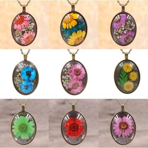 10Pcs Handmade Charms Pendant Necklace Dried Flower Real Round Bronze Boho Chain Necklace for Women Jewelry Fashion Wholesale