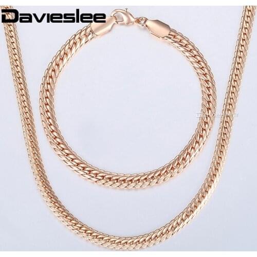 Davieslee Womens Rose Gold Bracelet Necklace Jewelry Set Hammered Herringbone Snake Chain Dropshipping Woman Jewelry 2018 DCS02