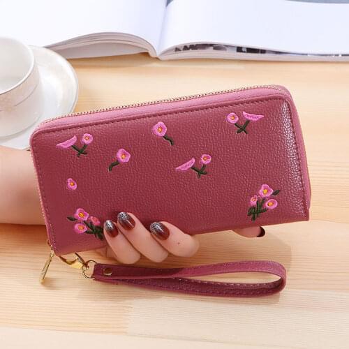 Long Womens Wallet Embroidery Wristband Wallets Luxury Brand Leather Zipper Coin Purses Female Money Bag Card Holder Clutch