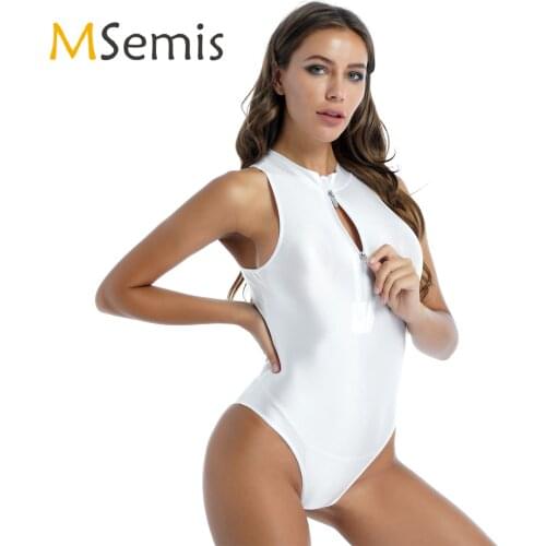 Glossy Sleeveless Sexy Bodysuit for Womens Swimsuit Solid Color Double Zipper Ladies Clubwear Front Leotard Swimwear Nightwear