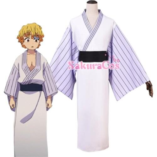 Anime Demon Slayer Kimetsu no Yaiba Agatsuma Zenitsu Bathrobe Kimono Cosplay Costume Uniform Halloween Suit For Women Men Outfit