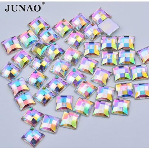 JUNAO 8 10 12 14 16 mm Crystal AB Square Rhinestone Applique Flatback Acrylic Strass Diamond Non Hotfix Crystal Stones Crafts