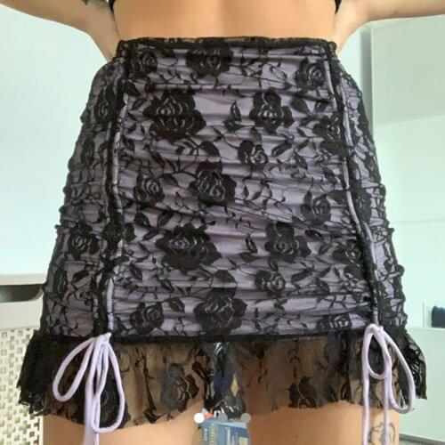 2020 Fashion Trend Womens Bodycon Mini Skirt Casual High Waist Drawstring Front Mesh Floral Print Fitting Mini Skirt Buttoms