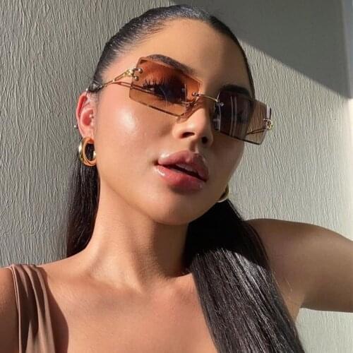 Fashion Modern Square Sunglasses Women Brand Luxury Tea Rimless Sun Glasses Sexy Ladies 90s Crystal Cut Rectangle Shades UV400