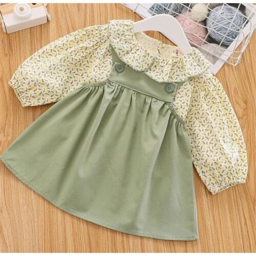 New Baby Girls Clothes Two Pieces Suit Fashion Floral Long Sleeve Tops and Solid Color Suspender Skirt Autumn Set