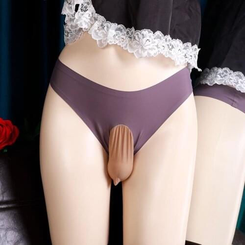 New Sexy sissy lingerie for Men Ice silk Seamless Thong Low waist Tight Penis Pouch Opened Penis Sleeve Plus size gay underwear