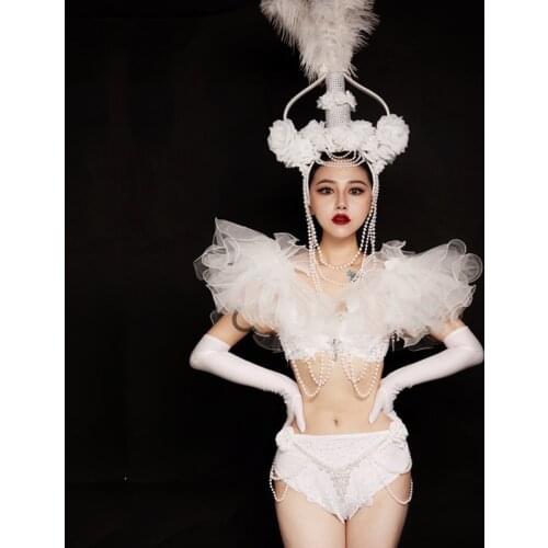 New Female Singer Festival Party White Sexy Lace Bikini Feather Pearl Chain Costume Hip Hop Pole/Jazz Dancing Clothes DWY4900