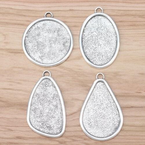 5 Pieces Tibetan Silver Frame Geometry Bezel Blank Necklace Pendants Tray Cameo Cabochon Base Setting Jewellery Making