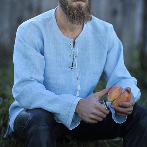 2020 Spring Autumn Fashion Men Solid Color Lace up V Neck Long Sleeve Cotton Linen T-Shirt Loose Blouse Top