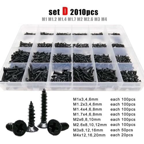 700/2010pcs M1 M1.2 M1.4 M1.7 M2 M3 M4 Black Mini Micro Cross Phillips Flat Countersunk Head Self Tapping Wood Screw Set Kit Box