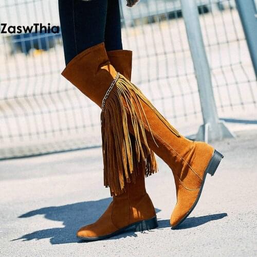 ZawsThia winter flat heel ladies over the knee high boots with fringes tassels cowgirl western boots female womens boots shoes