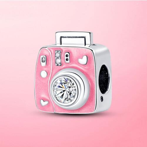 925 Sterling Silver Travel Charm CZ Pink Camera Heart Charm Beads Fit Original Pandora Bracelet Silver Accessories Girl Jewelry