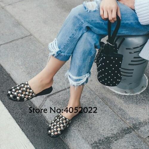 2020 Fashion Women Crystal Slippers Flat Heel Beach Slip On Slides Flip Flops Slippers Real Leather Sandal Bling Beach Slides