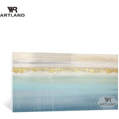 Modern poster Hand painted abstract oil painting wall art hanging pictures gold line on blue sky scenery for living room bedroom