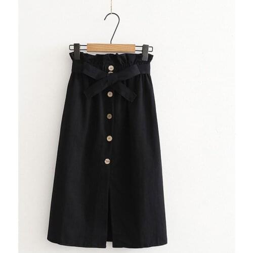 Korean Pleated School Skirt 2019 Summer Autumn Skirts Midi Knee Length High Waist Button Skirt Elegant Female Skirt