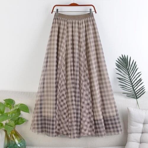 New high waist is thin large elastic waist double-layer mesh plaid print mid-length skirt autumn winter women 198