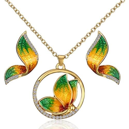 Gold Color Jewelry Sets Leaf Hollow Out Butterfly Necklace and Flower Earrings For Wedding Dress