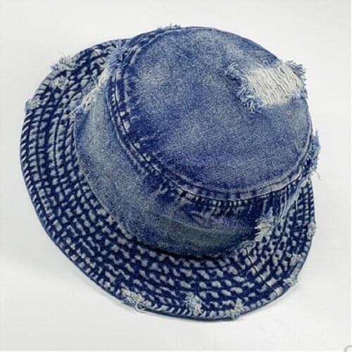 Worn Out Distressed Frayed Brim Design Jean Denim Bucket Hat for Women Men Lady Young Girl Summer Fall Fashion Casual Bucket Hat