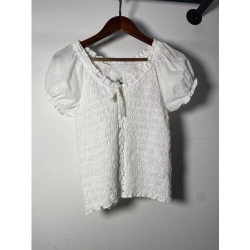 2021 Summer New Women Pleated Blouse Short Puff Sleeve Lace-Up Hollow Out Lace Shirt Slim Waist V-Neck Tops