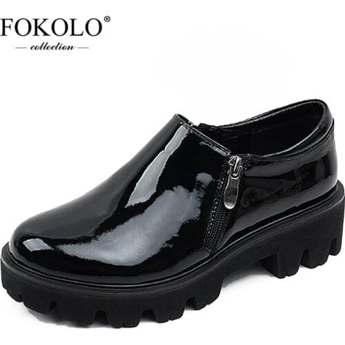 FOKOLO 2020New Luxury Leather Shoes Comfortable Thick Bottom Womens Shoes Fashion Round Head Shallow Mouth Zipper Flat Shoes P2