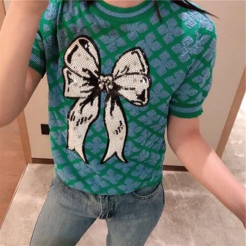 2020 summer women runway plaid sequins beading bow sweaters Korean knitted short pullover tops sweater JC376