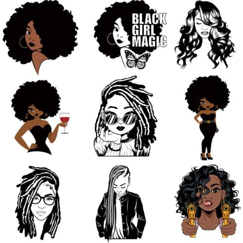 Women Patch On Clothing Black Girl Appiqued DIY T-Shirt Tops Thermal Stickers Iron On Decals Red Wine Heat Transfer Patches