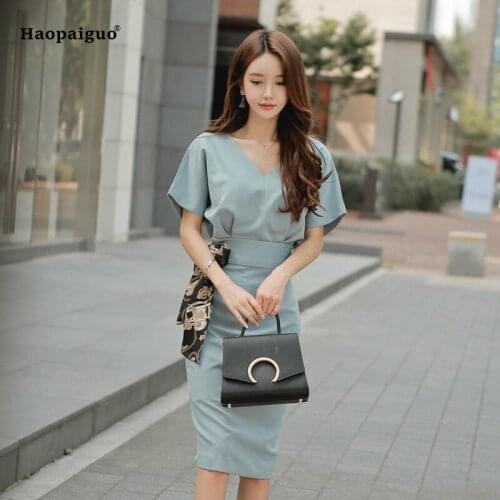 Plus Size 2 Piece Sets Women Suit Set 2020 Summer V-neck Casual Office Dress Sexy Bandage Pencil Dresses Womens Vestidos Fiesta