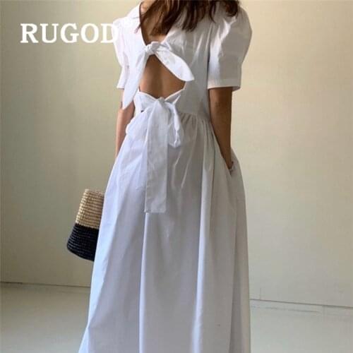 Stylish knotbow lace-up long dress women korean elegant short sleeve blackless loose dress summer oversize harajuku dress 2020