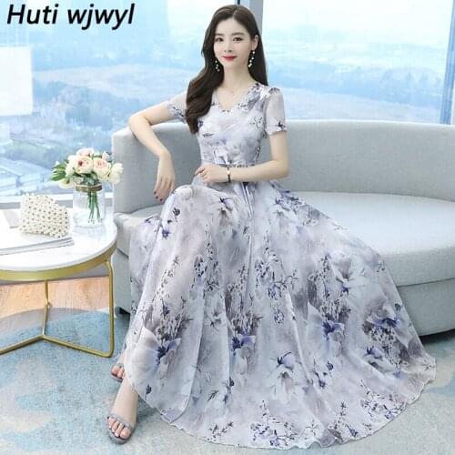 Spring Summer Women Bodycon Party Vestidos 2021 Vintage Print Chiffon Boho Beach Maxi Dress Plus Size Elegant Casual Midi Dress